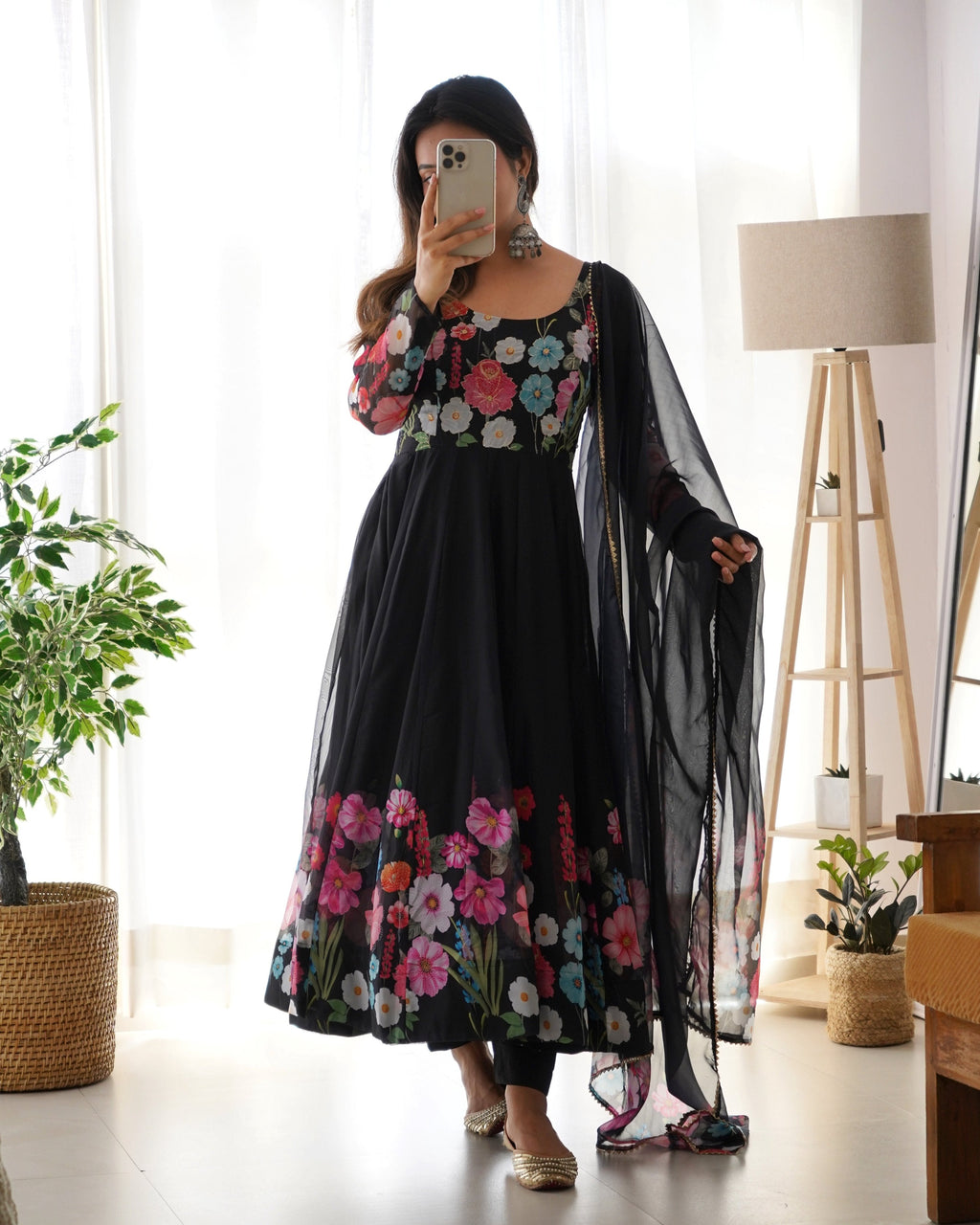 Teeya Creation Black Color Digital Print Soft organza Anarkali With Pants And Dupatta