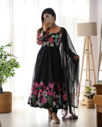 Teeya Creation Black Color Digital Print Soft organza Anarkali With Pants And Dupatta