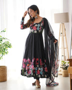 Teeya Creation Black Color Digital Print Soft organza Anarkali With Pants And Dupatta