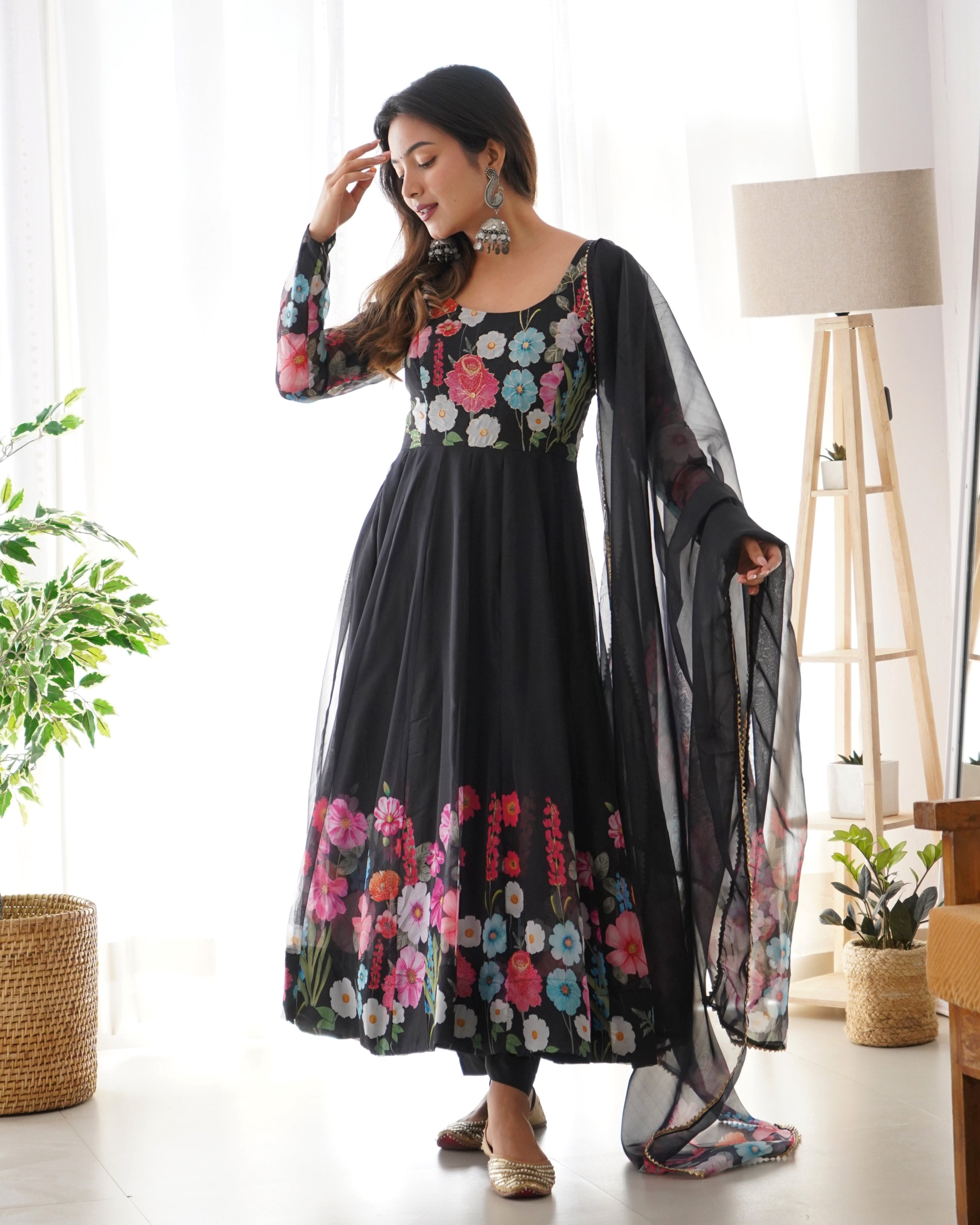 Teeya Creation Black Color Digital Print Soft organza Anarkali With Pants And Dupatta