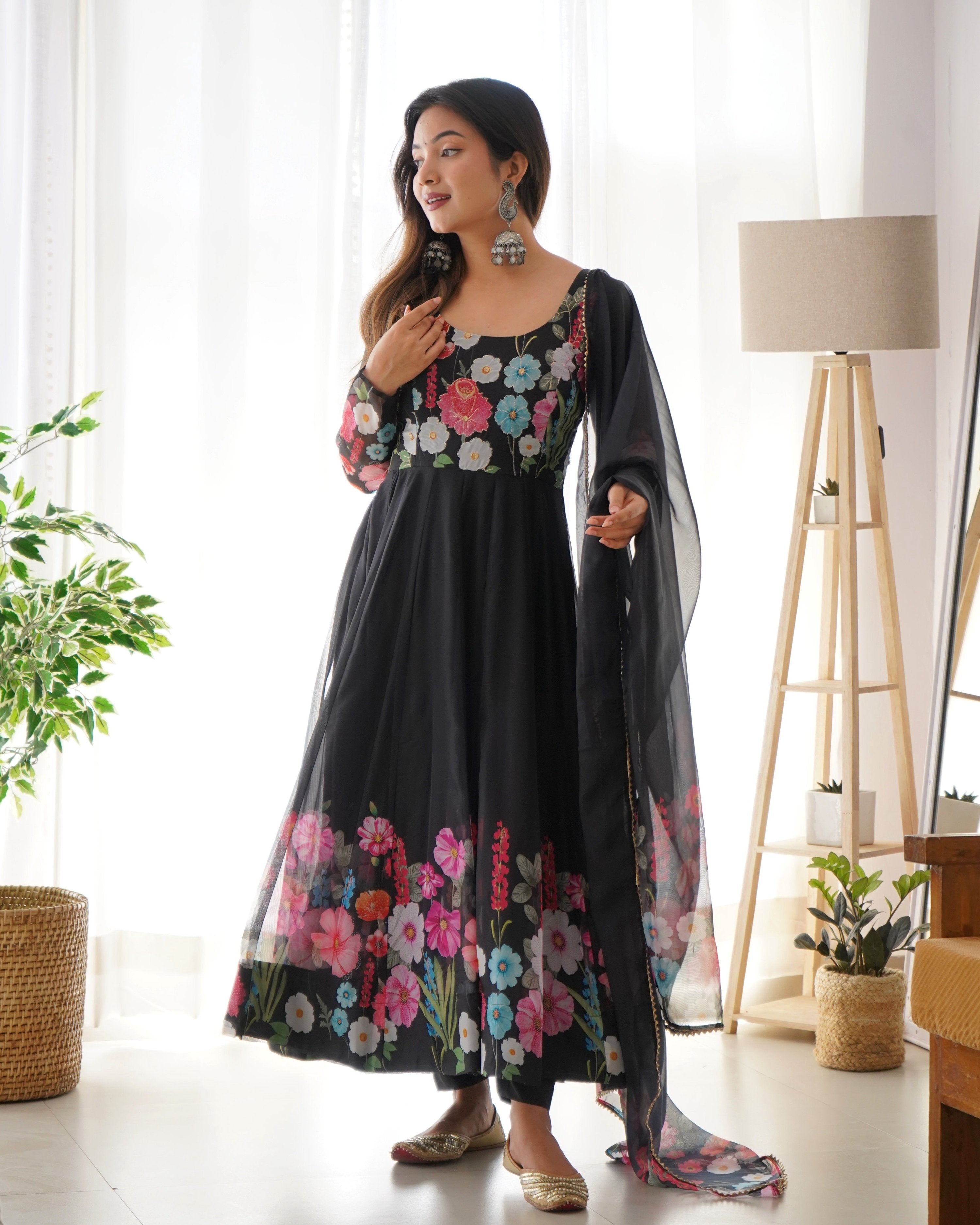 Teeya Creation Black Color Digital Print Soft organza Anarkali With Pants And Dupatta