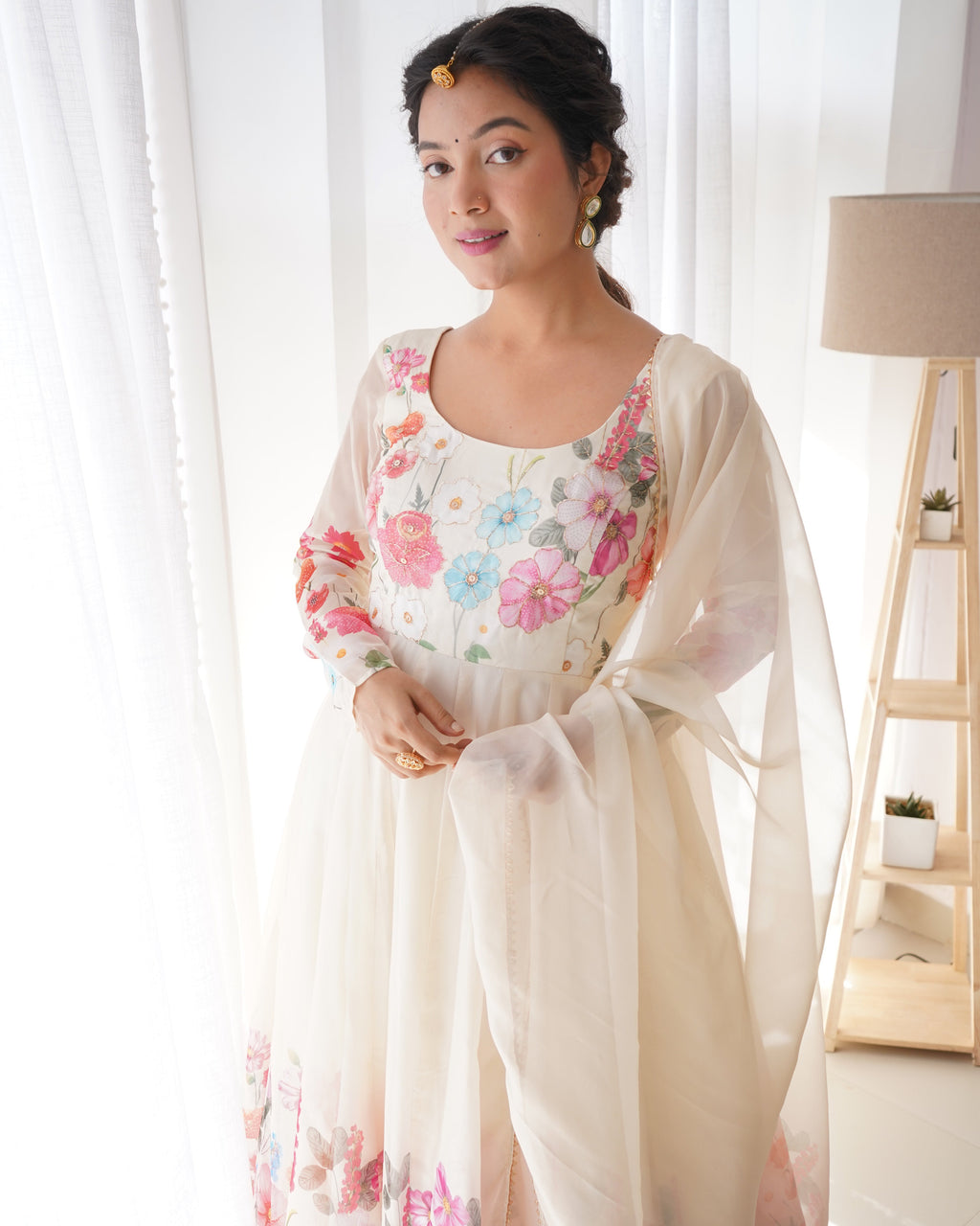 Teeya Creation Cream Color Digital Print Soft organza Anarkali With Pants And Dupatta