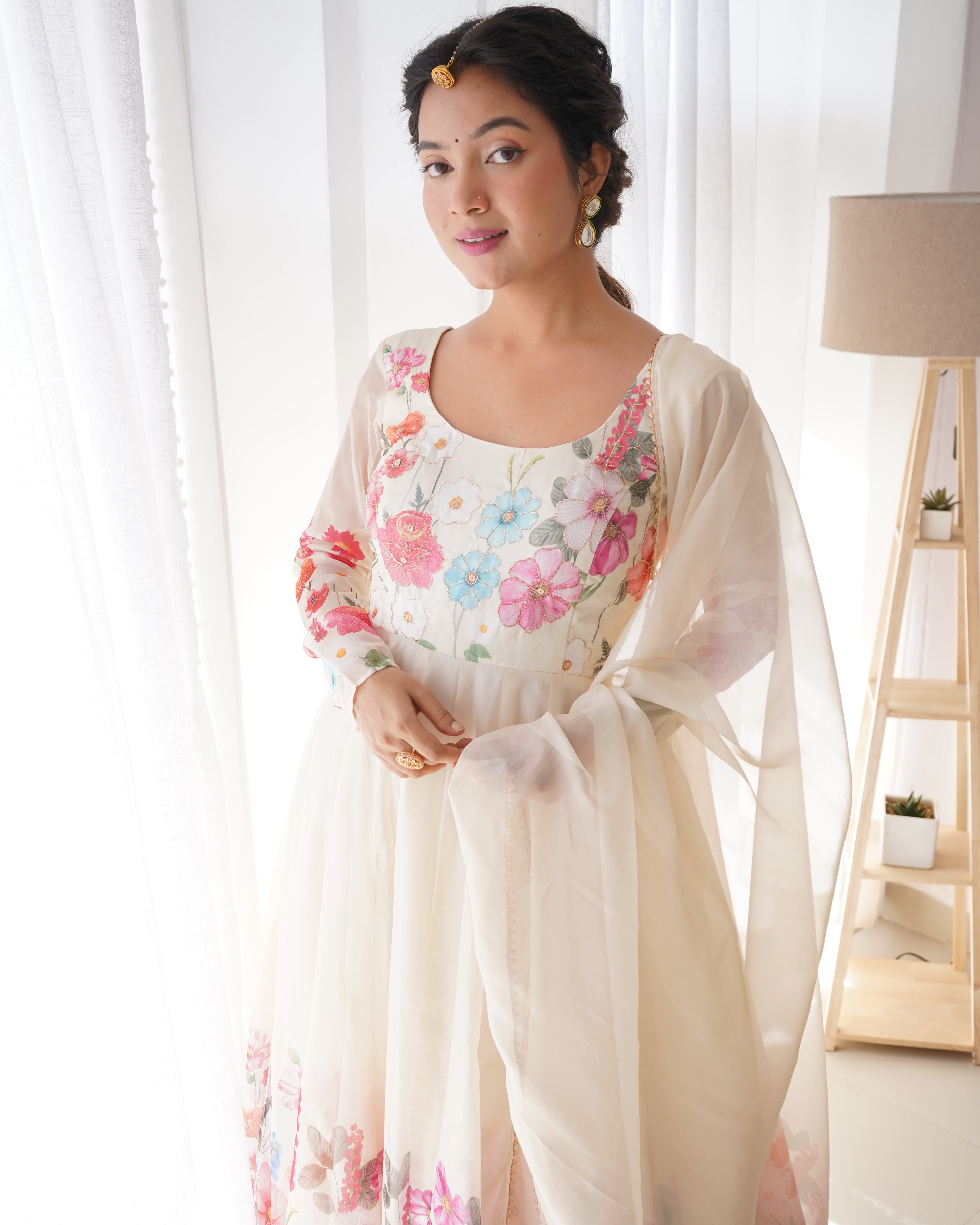Teeya Creation Cream Color Digital Print Soft organza Anarkali With Pants And Dupatta