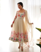 Teeya Creation Cream Color Digital Print Soft organza Anarkali With Pants And Dupatta