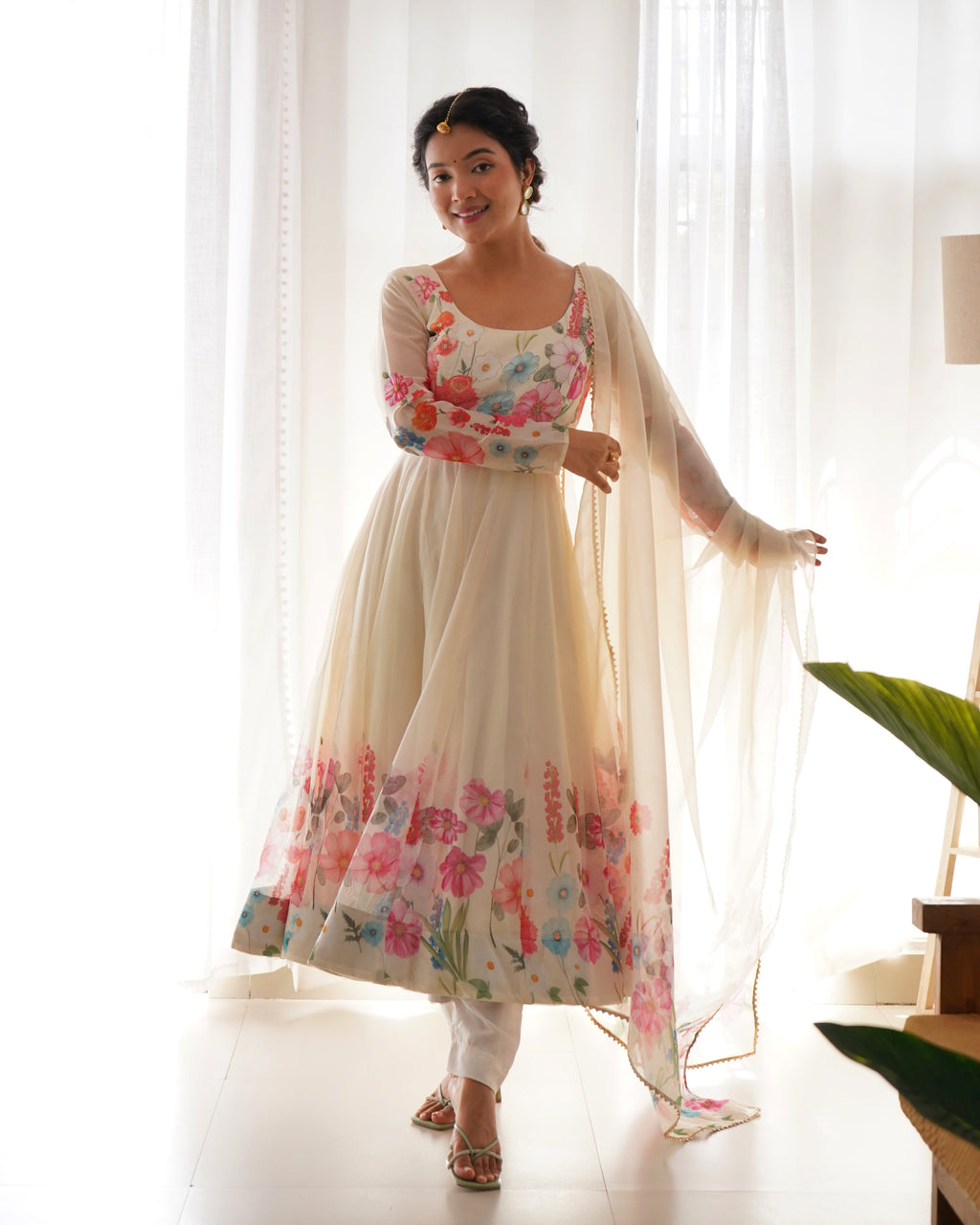 Teeya Creation Cream Color Digital Print Soft organza Anarkali With Pants And Dupatta