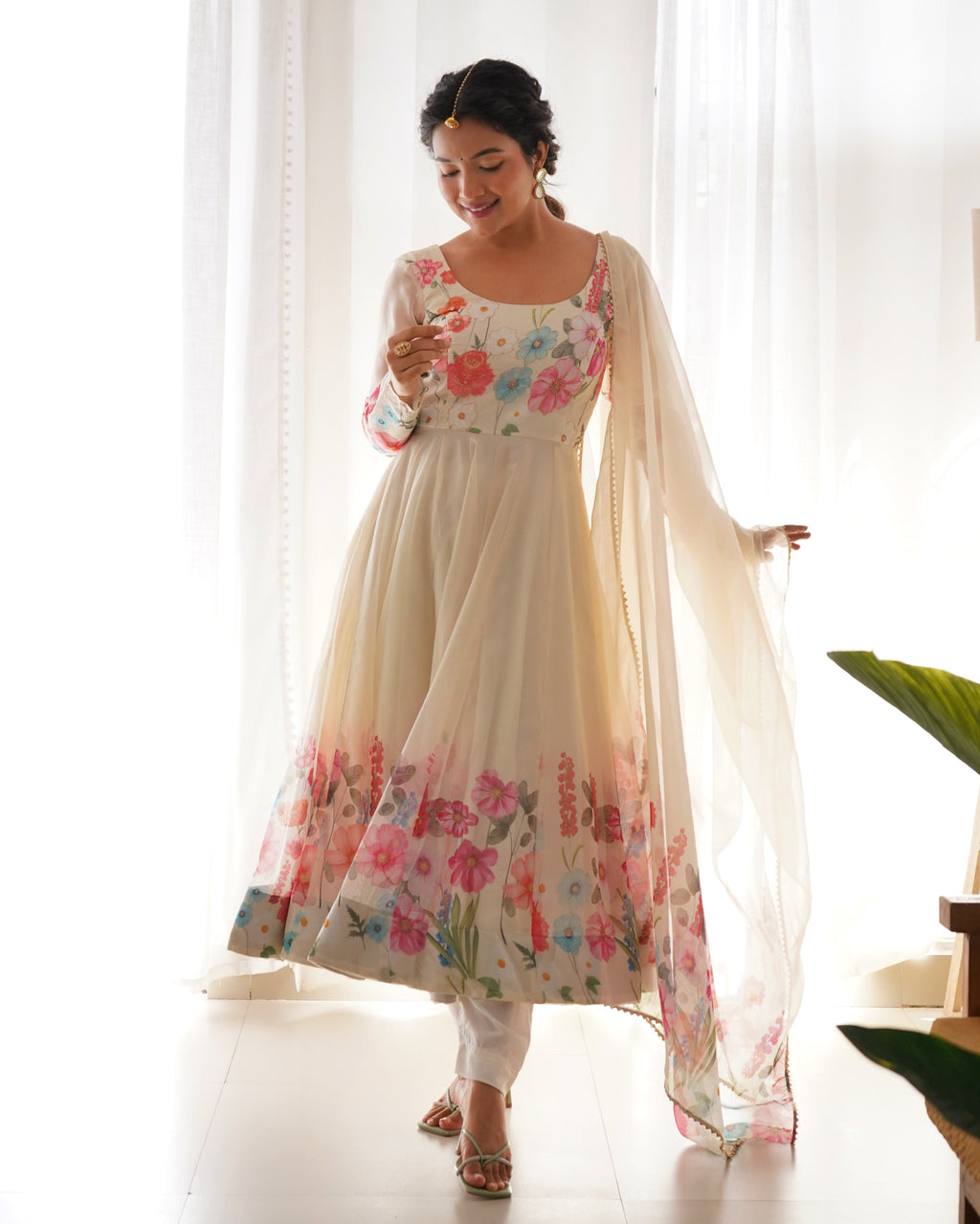 Teeya Creation Cream Color Digital Print Soft organza Anarkali With Pants And Dupatta