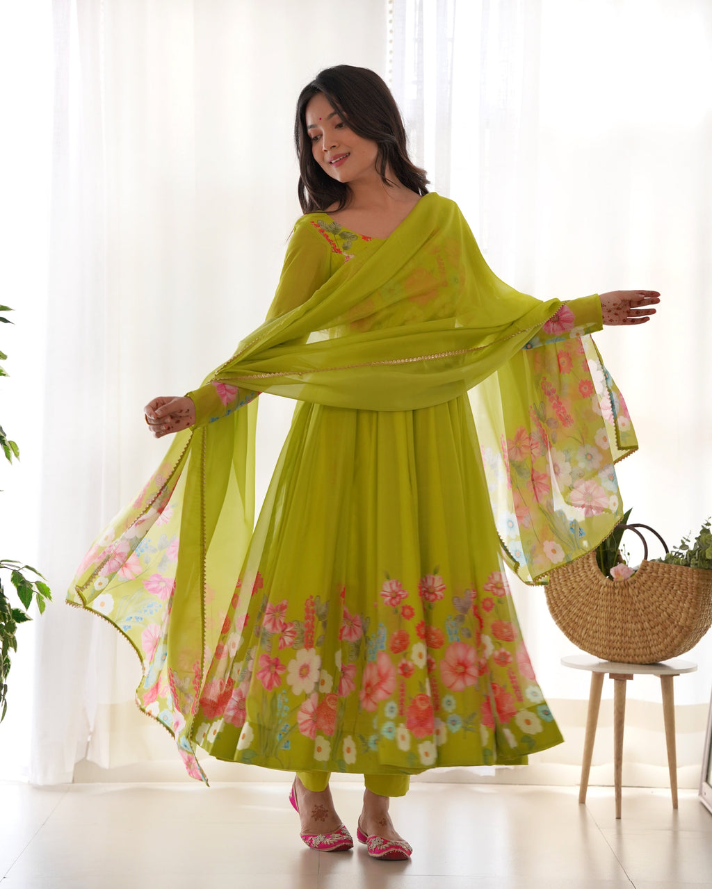 Teeya Creation Parrot Green Color Digital Print Soft organza Anarkali With Pants And Dupatta