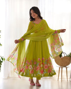 Teeya Creation Parrot Green Color Digital Print Soft organza Anarkali With Pants And Dupatta