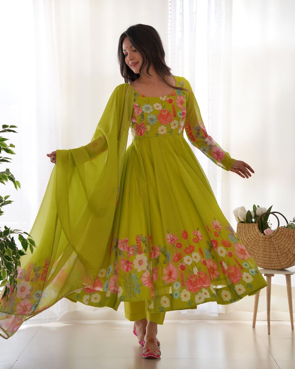 Teeya Creation Parrot Green Color Digital Print Soft organza Anarkali With Pants And Dupatta