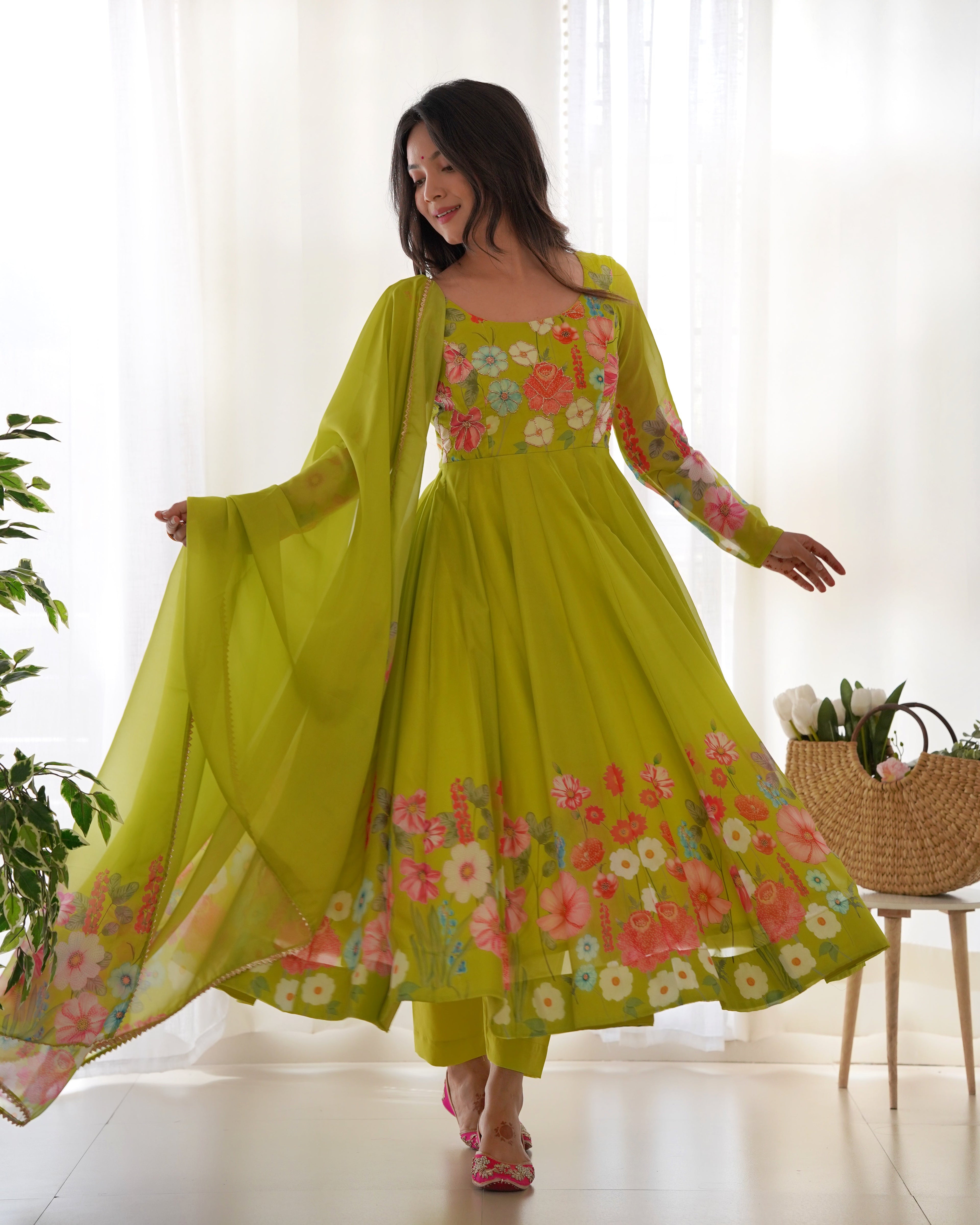 Teeya Creation Parrot Green Color Digital Print Soft organza Anarkali With Pants And Dupatta