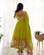 Teeya Creation Parrot Green Color Digital Print Soft organza Anarkali With Pants And Dupatta