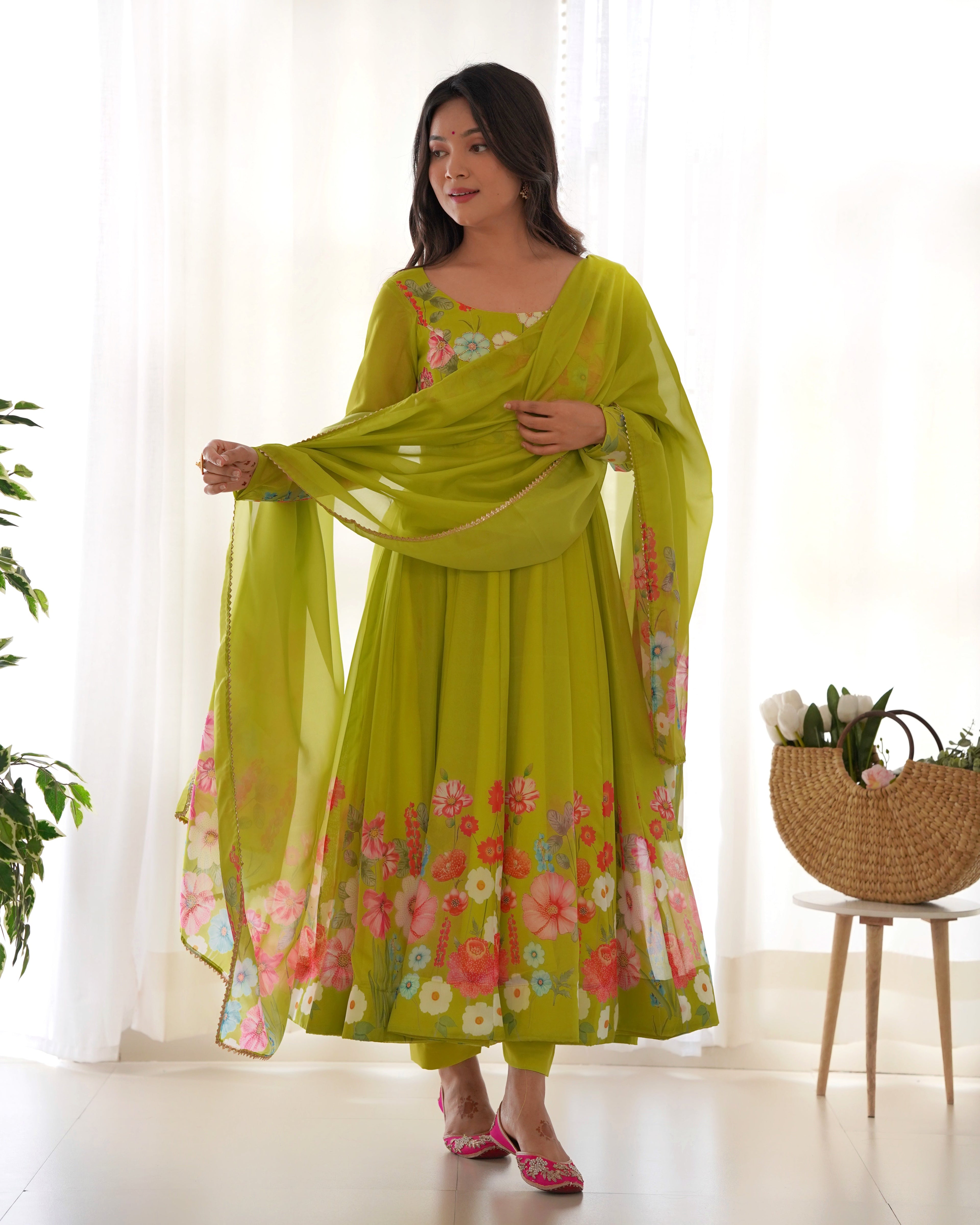 Teeya Creation Parrot Green Color Digital Print Soft organza Anarkali With Pants And Dupatta