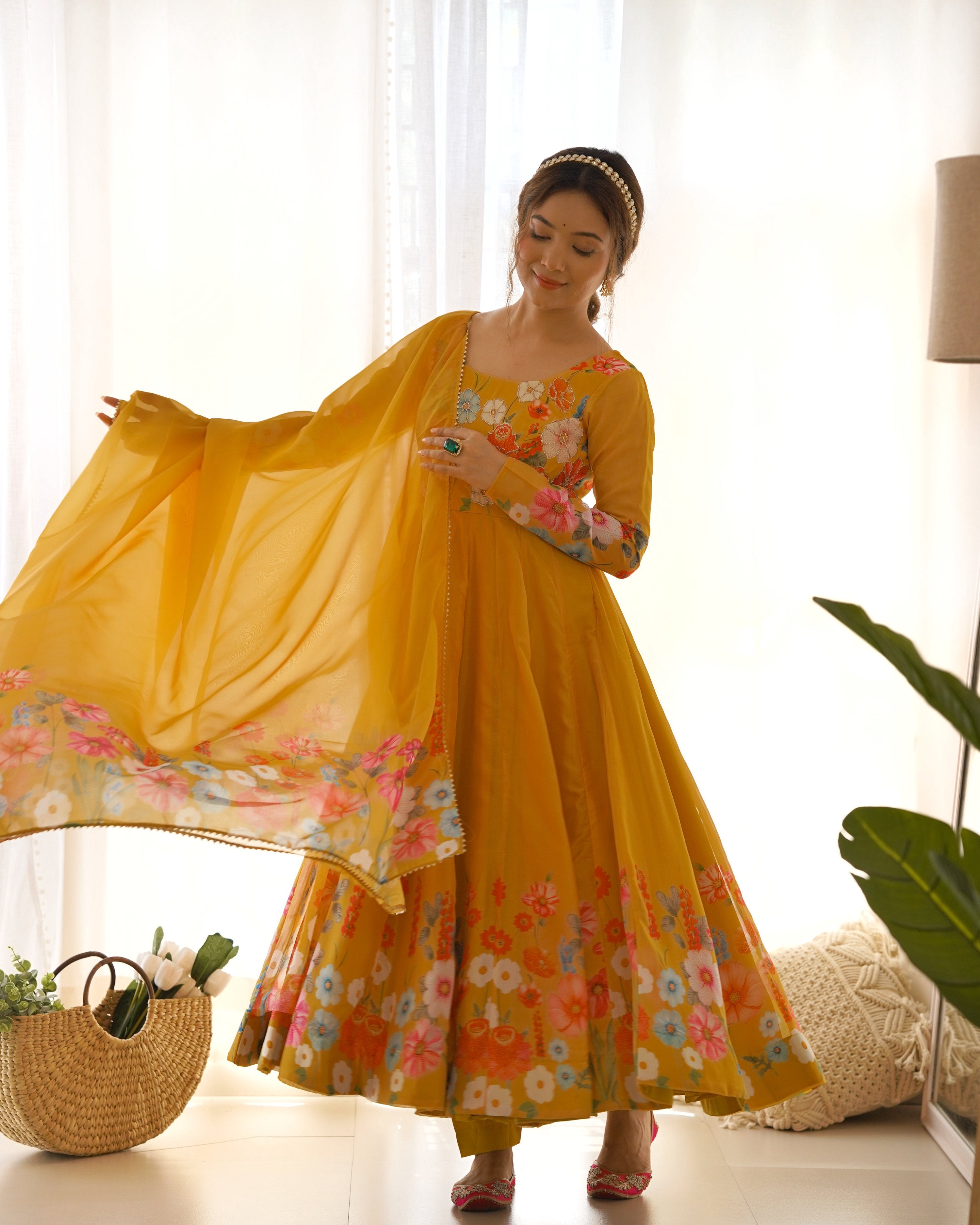 Teeya Creation Yellow Color Digital Print Soft organza Anarkali With Pants And Dupatta