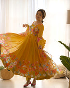 Teeya Creation Yellow Color Digital Print Soft organza Anarkali With Pants And Dupatta
