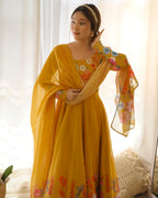 Teeya Creation Yellow Color Digital Print Soft organza Anarkali With Pants And Dupatta