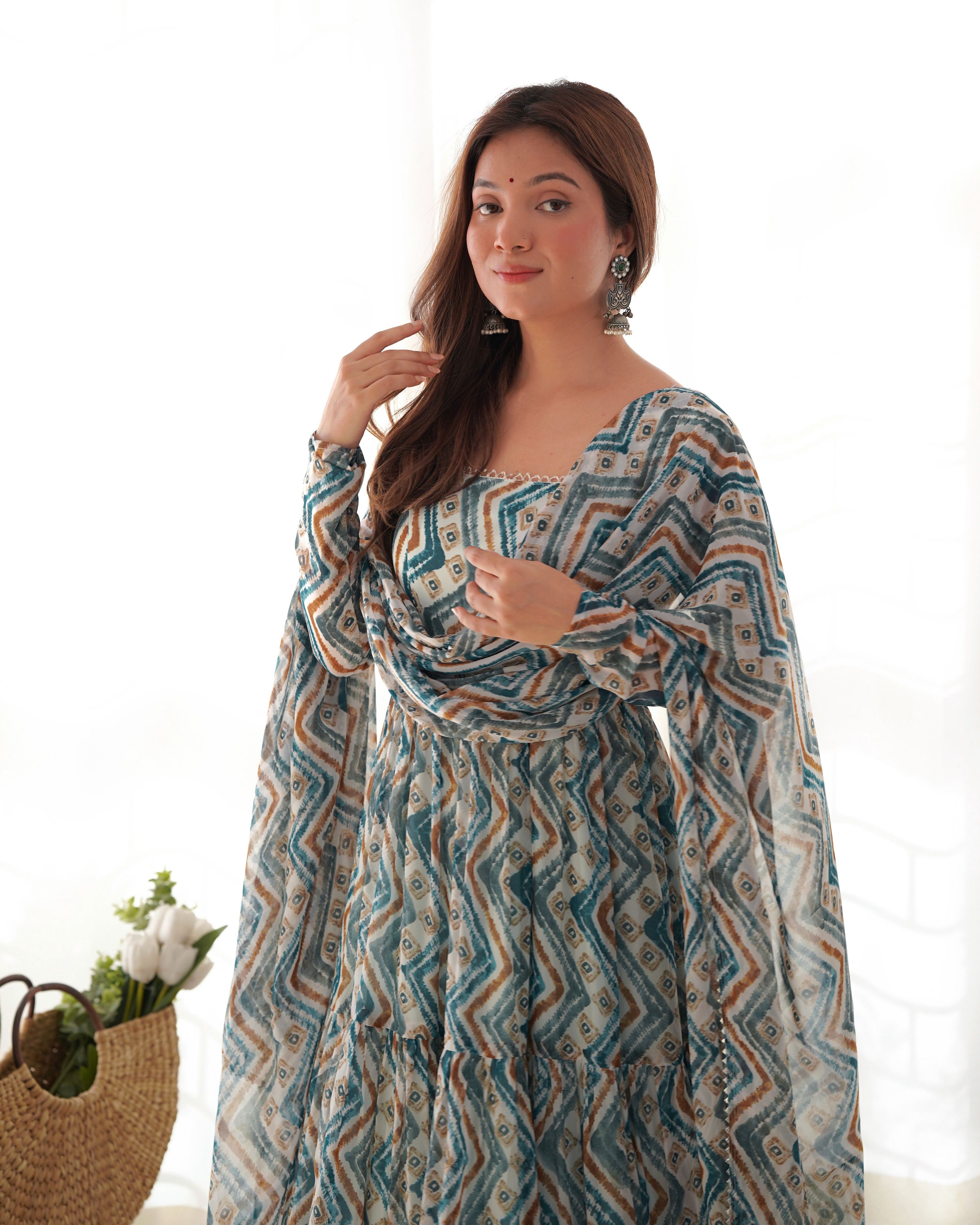 Teeya Creation Multicolor Digital Print Faux Georgette Anarkali With Pants And Dupatta