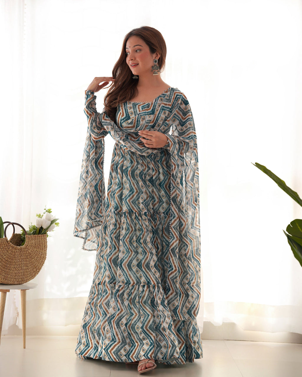 Teeya Creation Multicolor Digital Print Faux Georgette Anarkali With Pants And Dupatta
