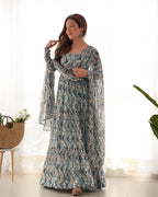 Teeya Creation Multicolor Digital Print Faux Georgette Anarkali With Pants And Dupatta