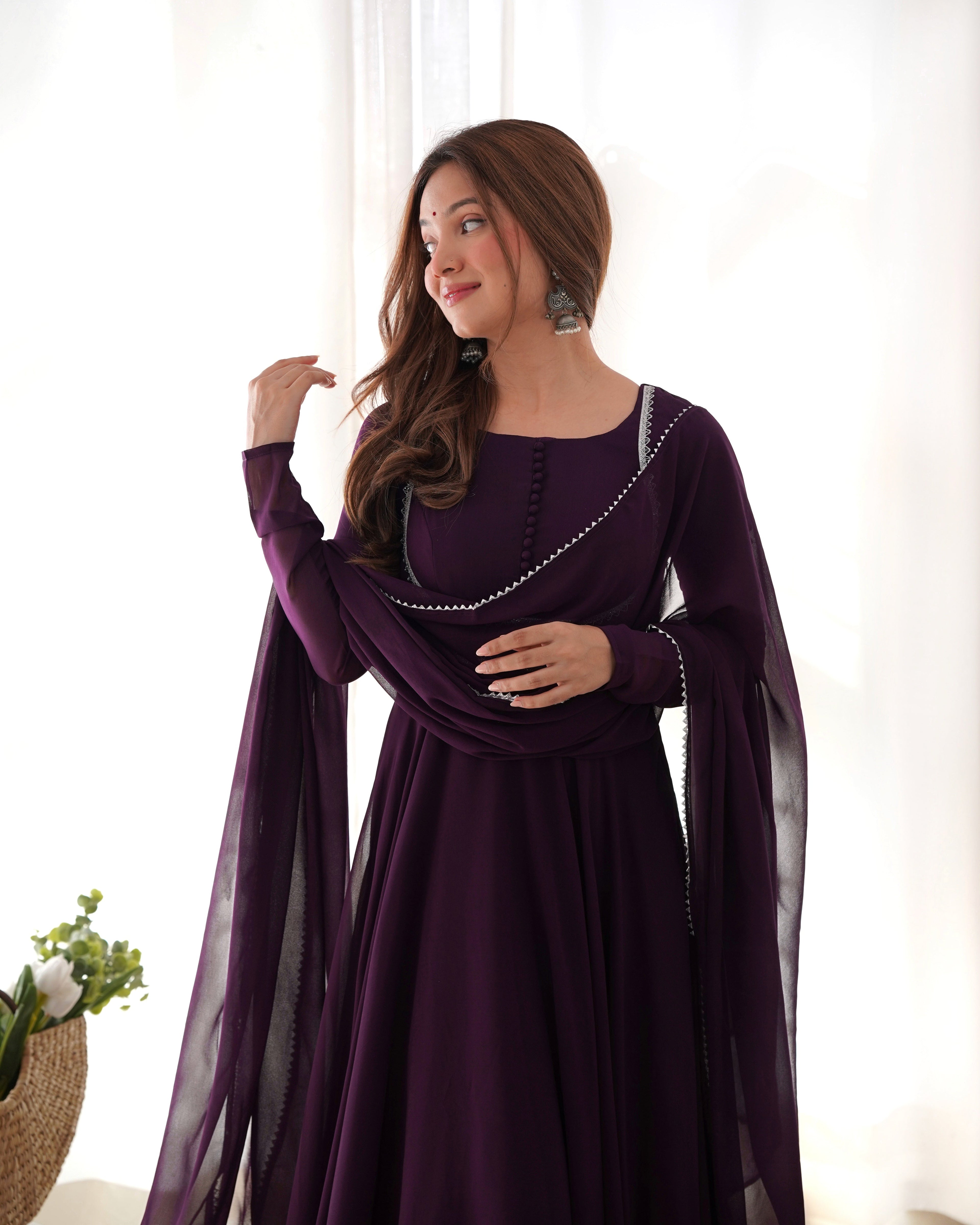 Teeya Creation Wine Color Faux Georgette Anarkali Gown With Pants And Dupatta
