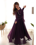 Teeya Creation Wine Color Faux Georgette Anarkali Gown With Pants And Dupatta