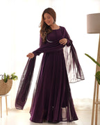 Teeya Creation Wine Color Faux Georgette Anarkali Gown With Pants And Dupatta