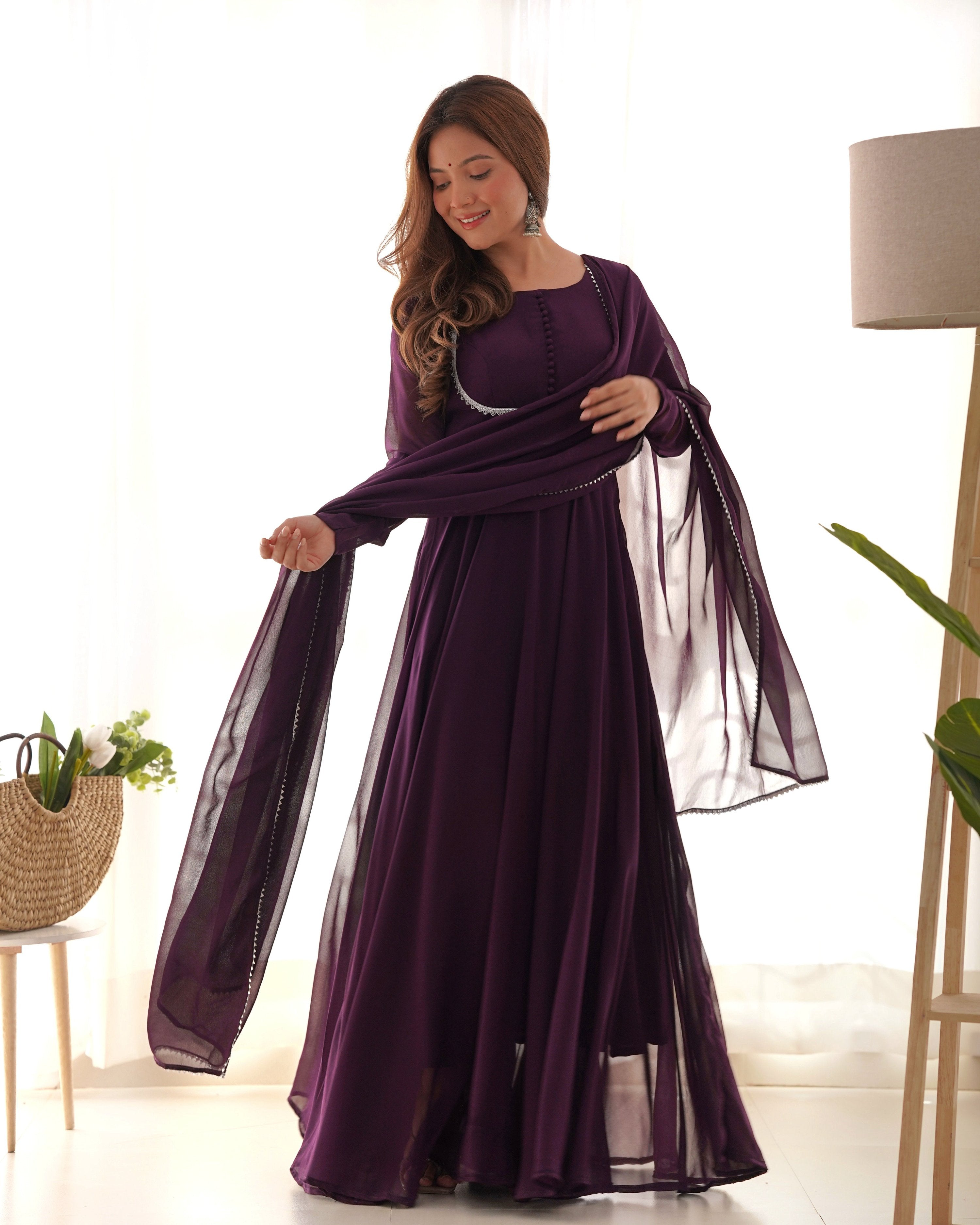 Teeya Creation Wine Color Faux Georgette Anarkali Gown With Pants And Dupatta