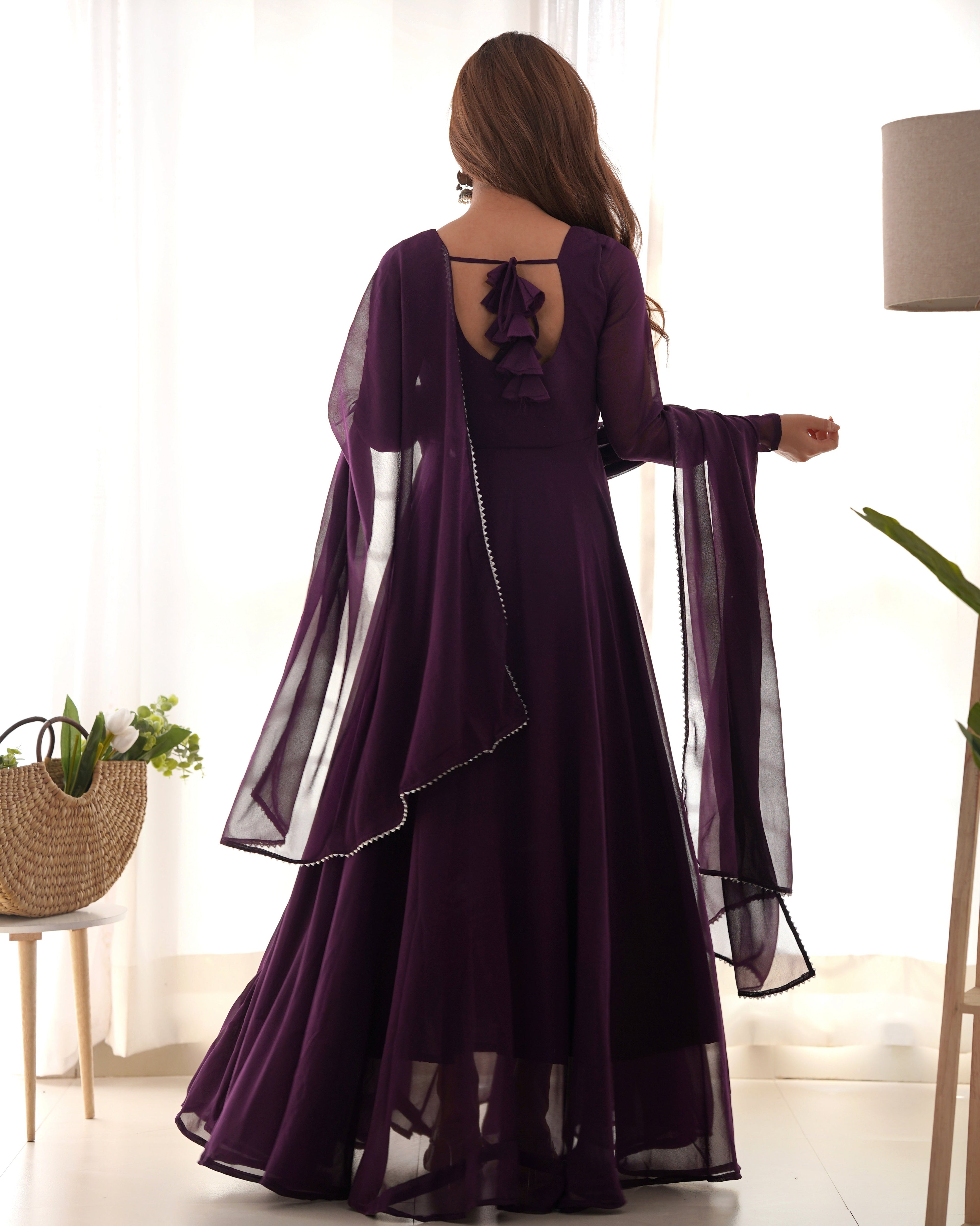 Teeya Creation Wine Color Faux Georgette Anarkali Gown With Pants And Dupatta