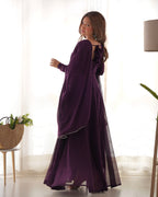 Teeya Creation Wine Color Faux Georgette Anarkali Gown With Pants And Dupatta
