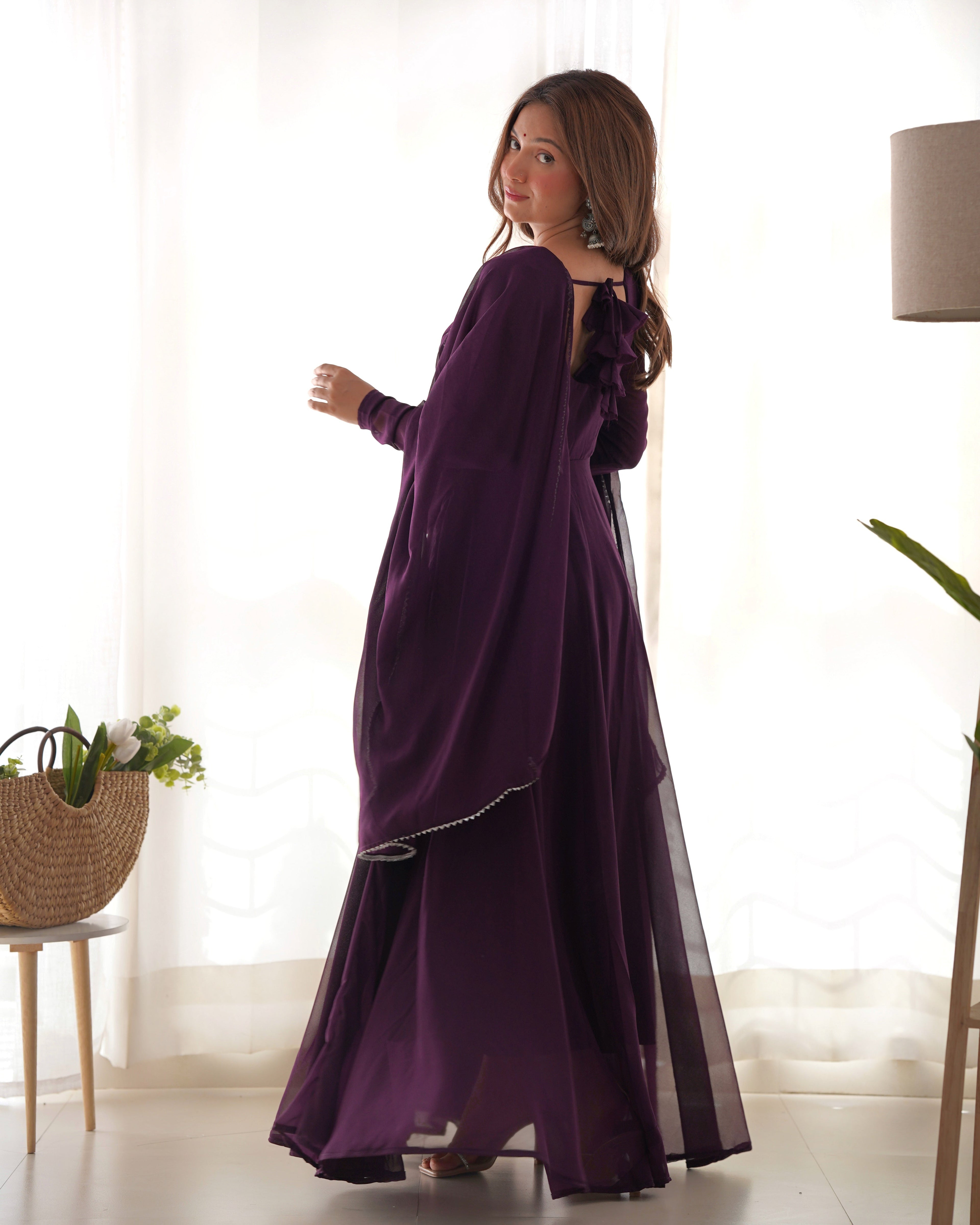 Teeya Creation Wine Color Faux Georgette Anarkali Gown With Pants And Dupatta