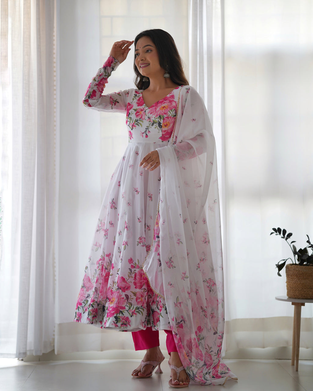 Teeya Creation White Color Digital Print Soft organza Anarkali With Pants And Dupatta