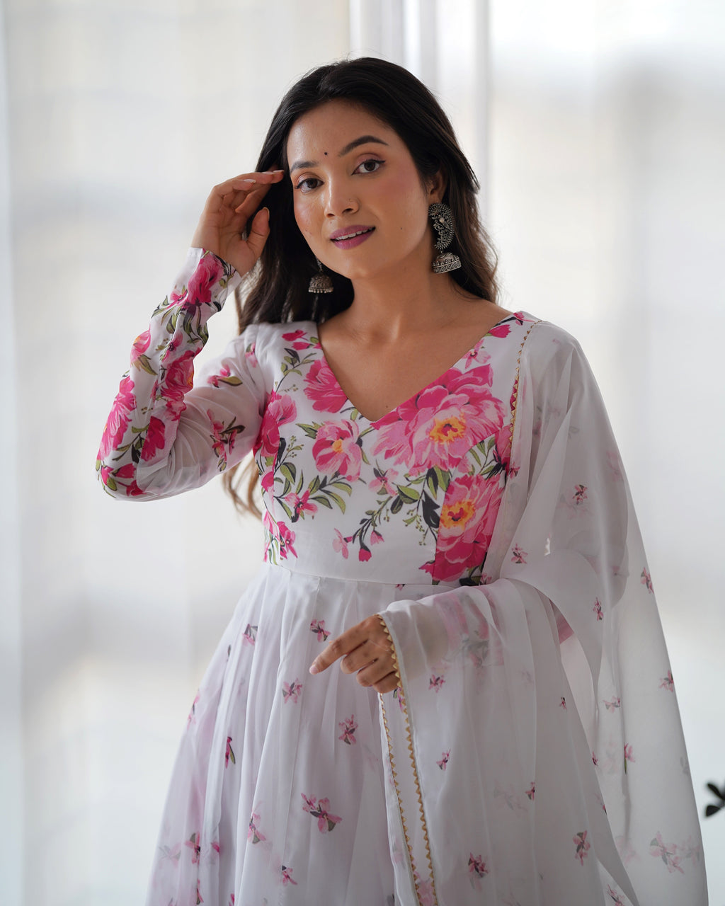 Teeya Creation White Color Digital Print Soft organza Anarkali With Pants And Dupatta