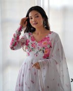 Teeya Creation White Color Digital Print Soft organza Anarkali With Pants And Dupatta
