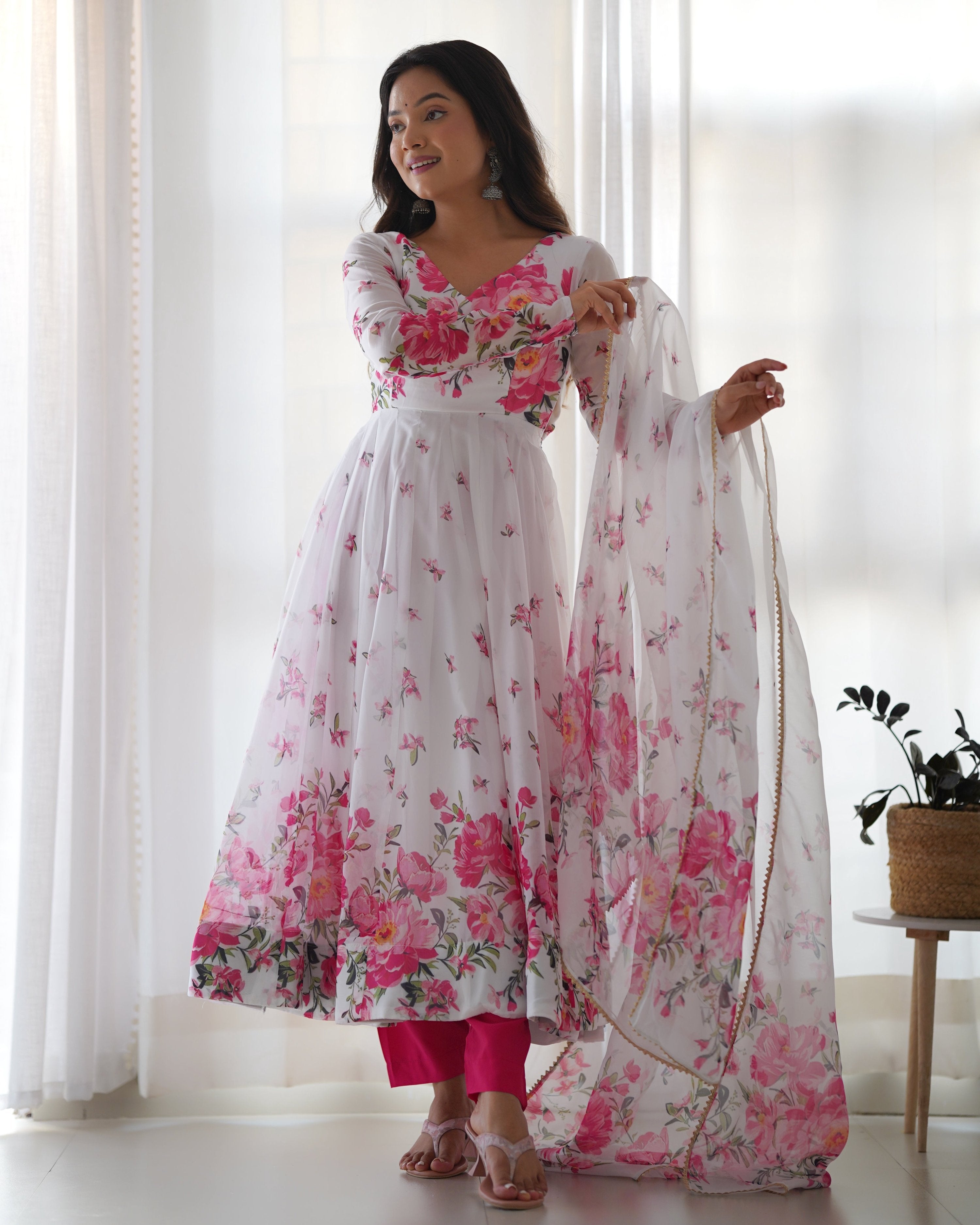 Teeya Creation White Color Digital Print Soft organza Anarkali With Pants And Dupatta