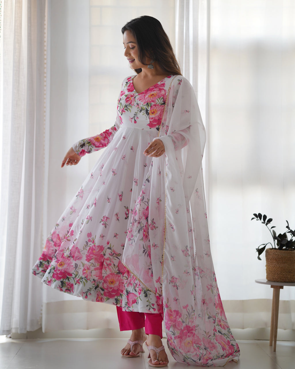 Teeya Creation White Color Digital Print Soft organza Anarkali With Pants And Dupatta