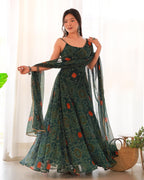 Teeya Creation Green Color Digital Print Soft Chiffon Anarkali With Dupatta