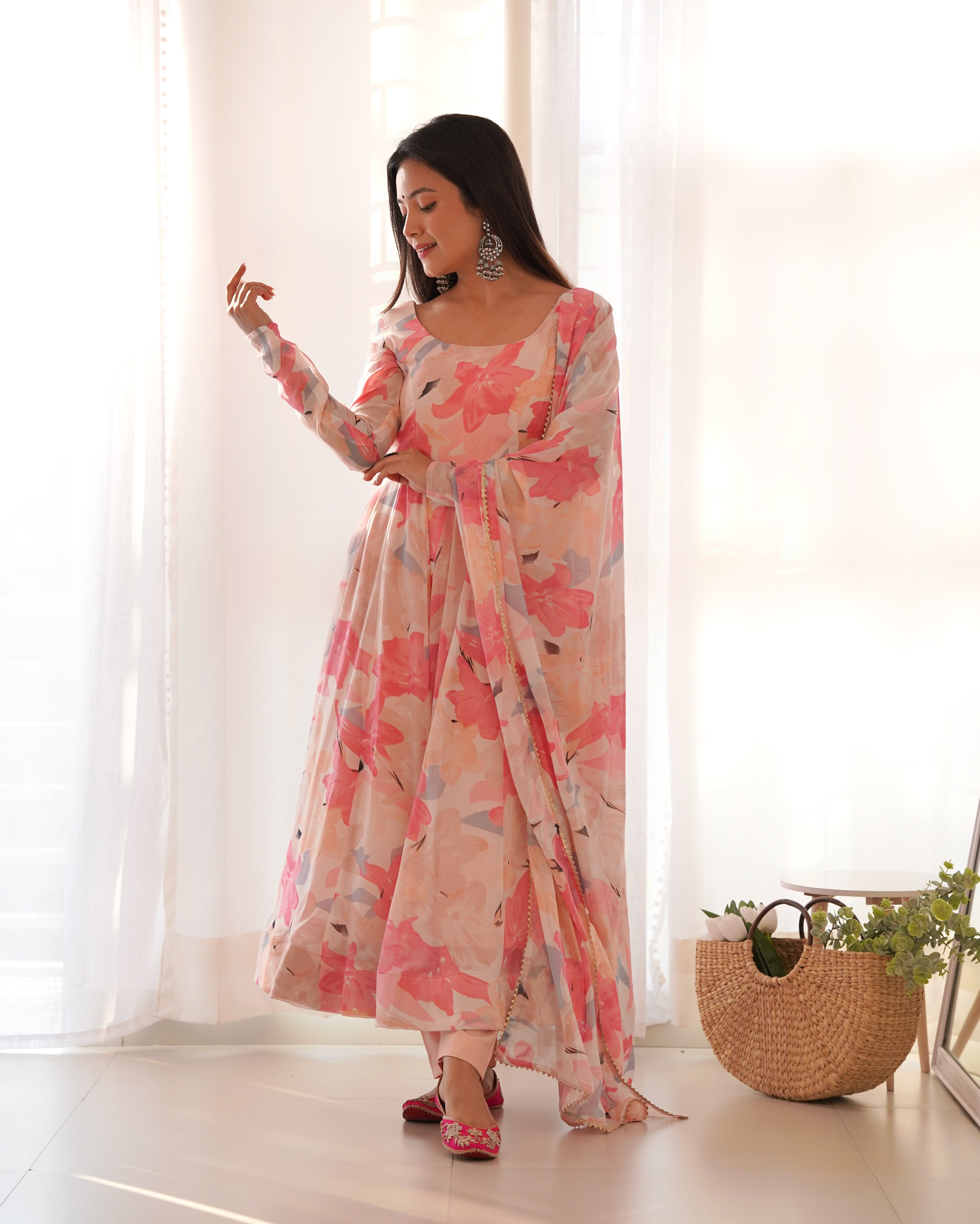 Teeya Creation Multicolor Digital Print Faux Georgette Anarkali With Pants And Dupatta