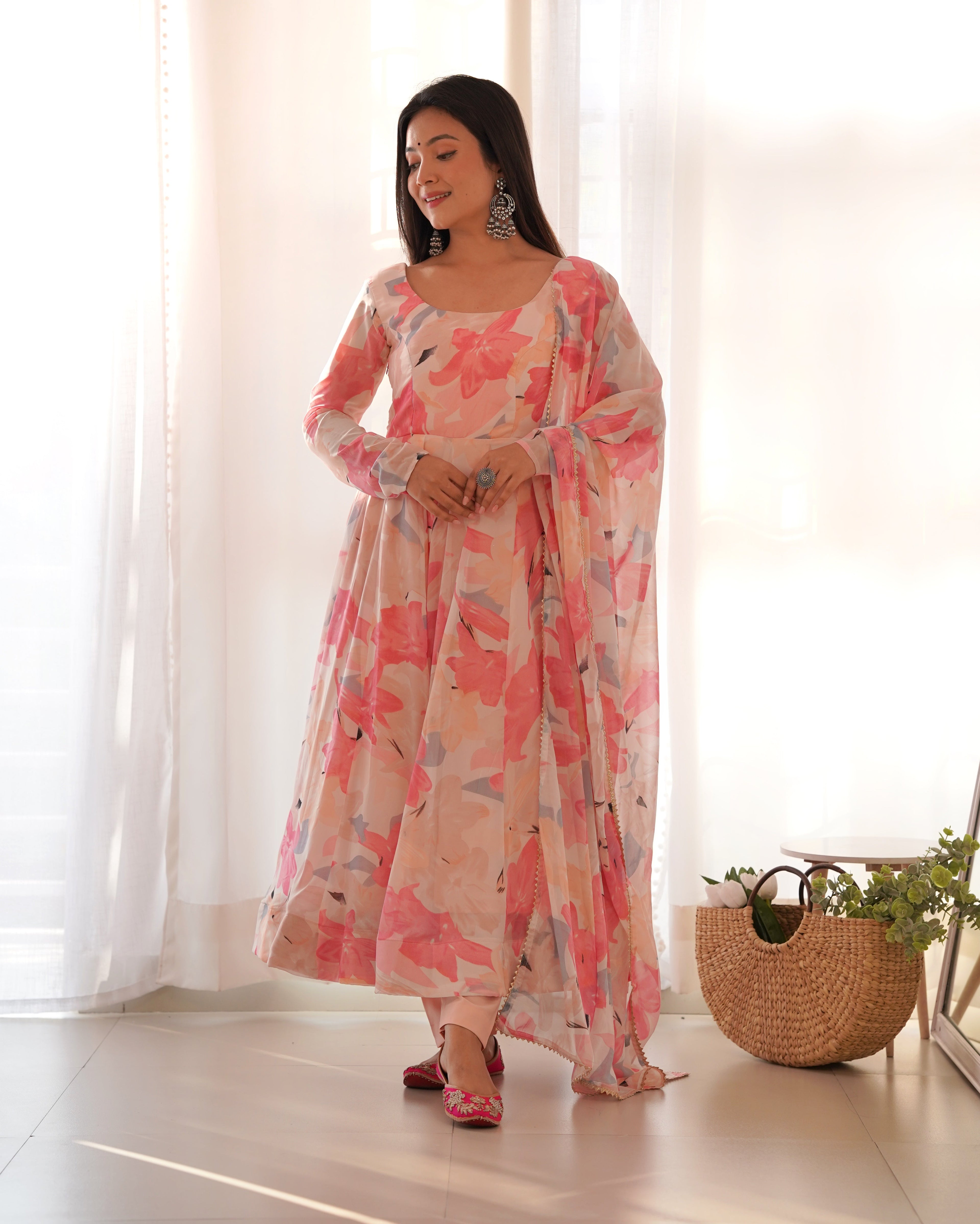 Teeya Creation Multicolor Digital Print Faux Georgette Anarkali With Pants And Dupatta