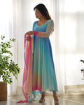 Teeya Creation Multicolor Abstract Print Faux Georgette Anarkali Gown With Pants And Dupatta