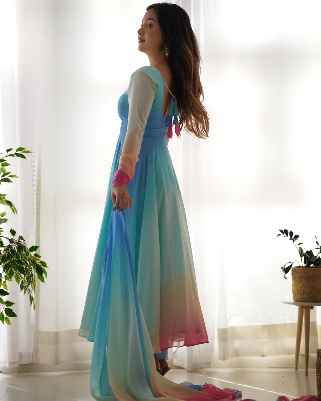 Teeya Creation Multicolor Abstract Print Faux Georgette Anarkali Gown With Pants And Dupatta