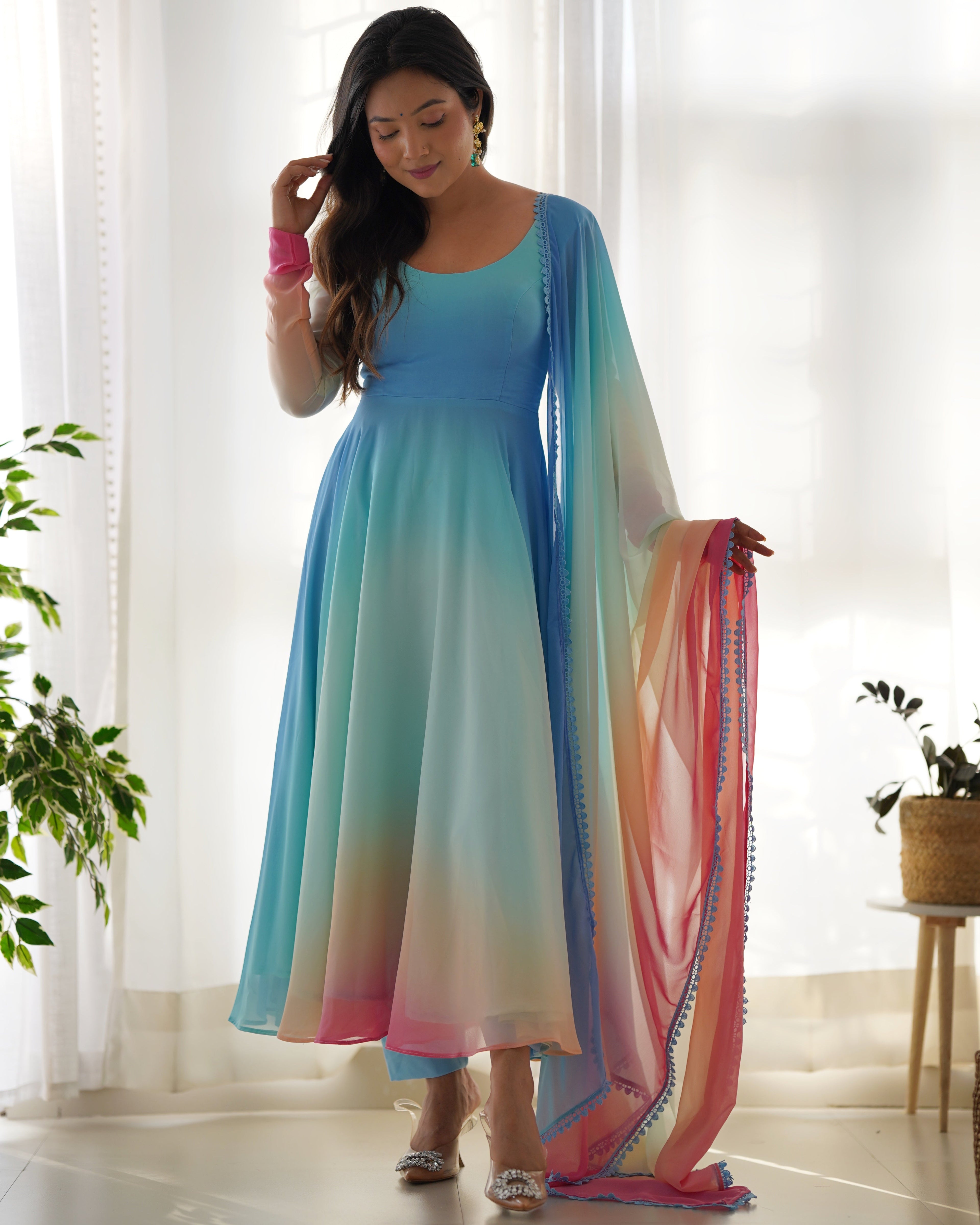 Teeya Creation Multicolor Abstract Print Faux Georgette Anarkali Gown With Pants And Dupatta