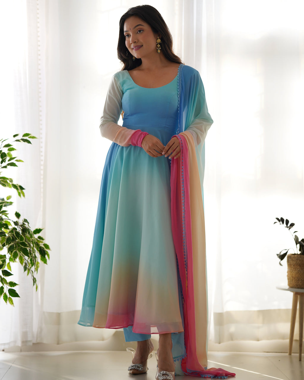 Teeya Creation Multicolor Abstract Print Faux Georgette Anarkali Gown With Pants And Dupatta