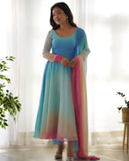 Teeya Creation Multicolor Abstract Print Faux Georgette Anarkali Gown With Pants And Dupatta