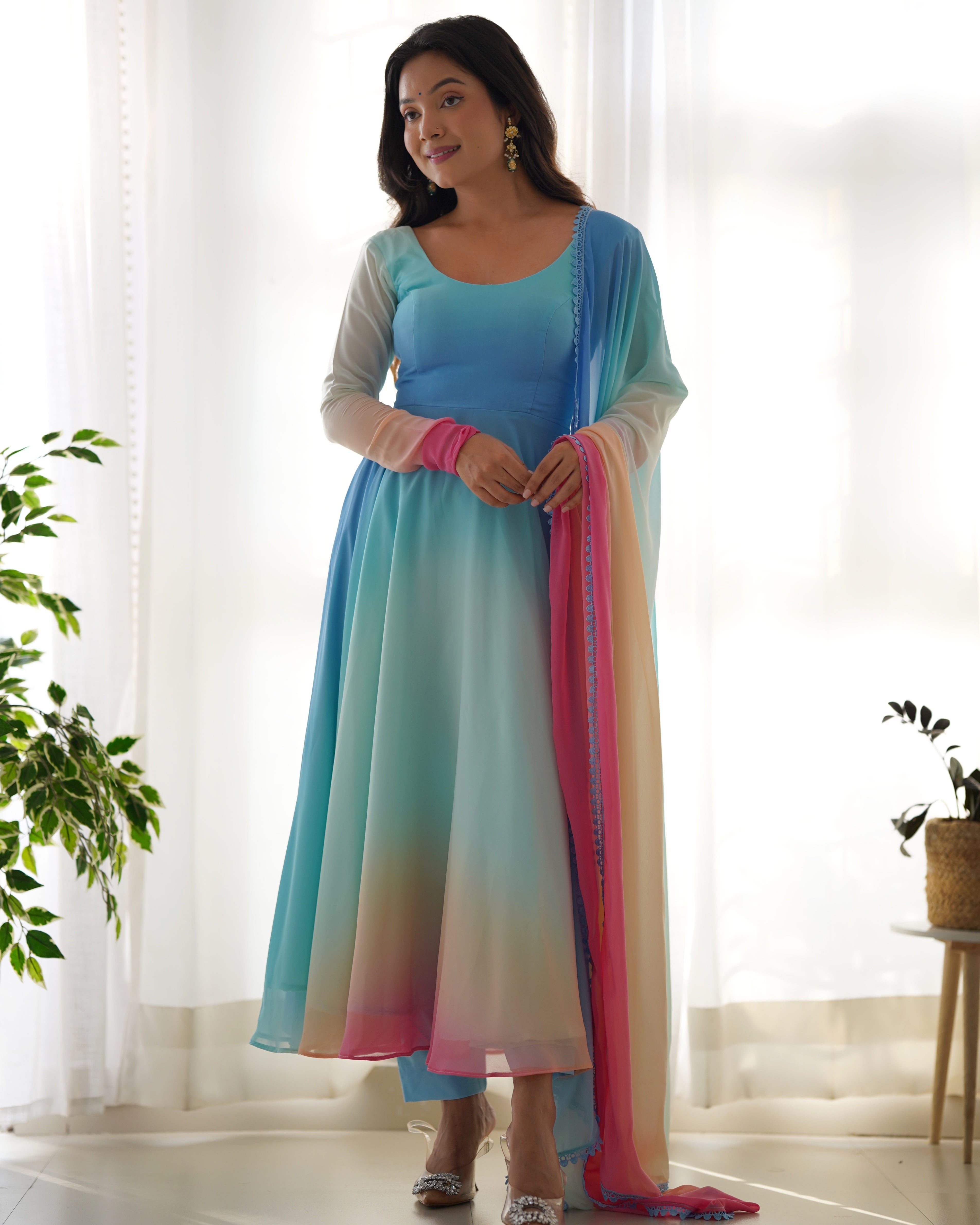 Teeya Creation Multicolor Abstract Print Faux Georgette Anarkali Gown With Pants And Dupatta