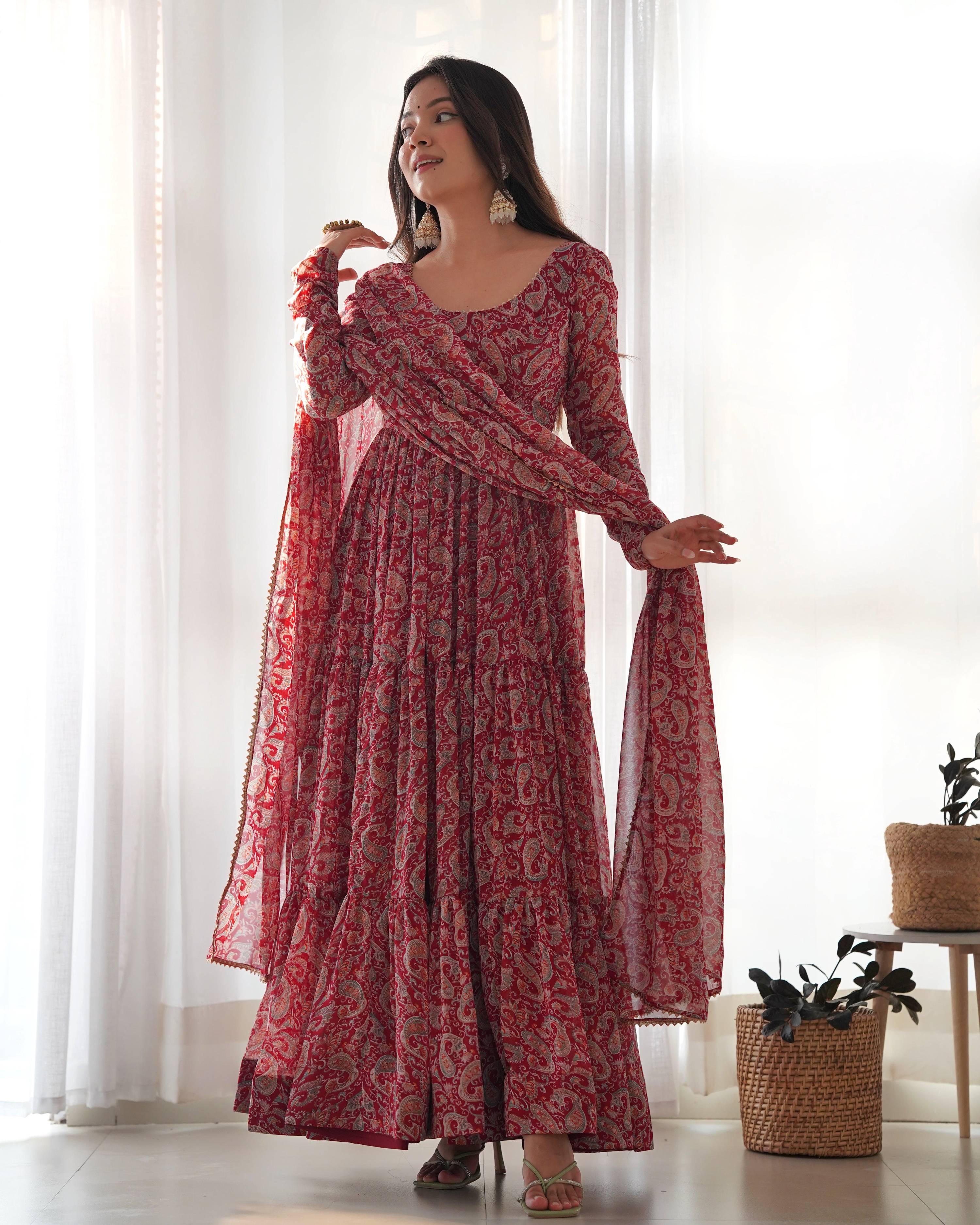 Teeya Creation Multicolor Abstract Print Faux Georgette Anarkali Gown With Pants And Dupatta