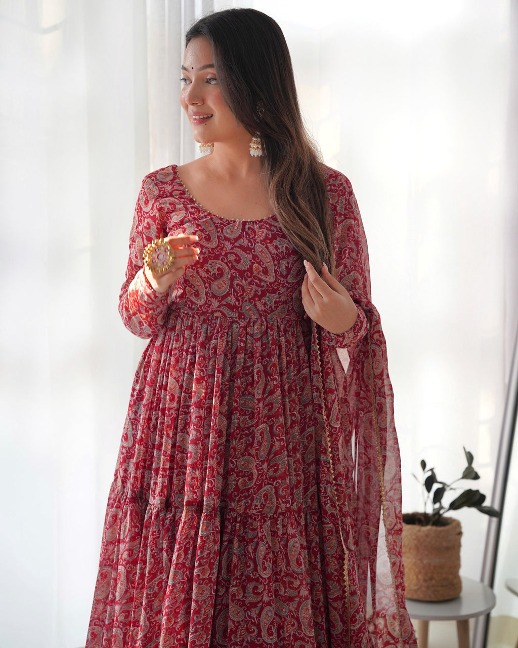 Teeya Creation Multicolor Abstract Print Faux Georgette Anarkali Gown With Pants And Dupatta