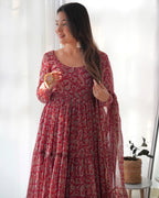 Teeya Creation Multicolor Abstract Print Faux Georgette Anarkali Gown With Pants And Dupatta