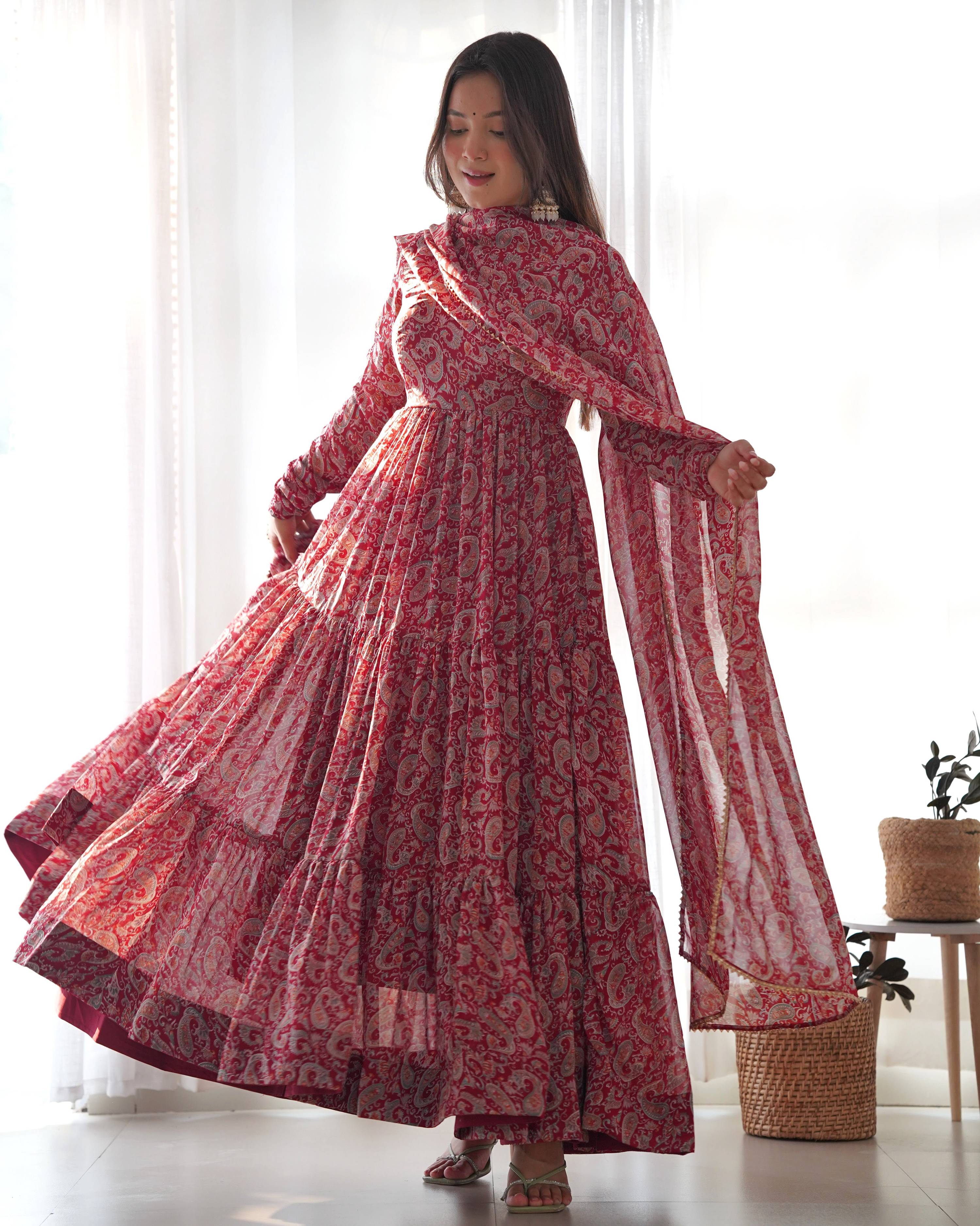 Teeya Creation Multicolor Abstract Print Faux Georgette Anarkali Gown With Pants And Dupatta