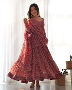Teeya Creation Multicolor Abstract Print Faux Georgette Anarkali Gown With Pants And Dupatta