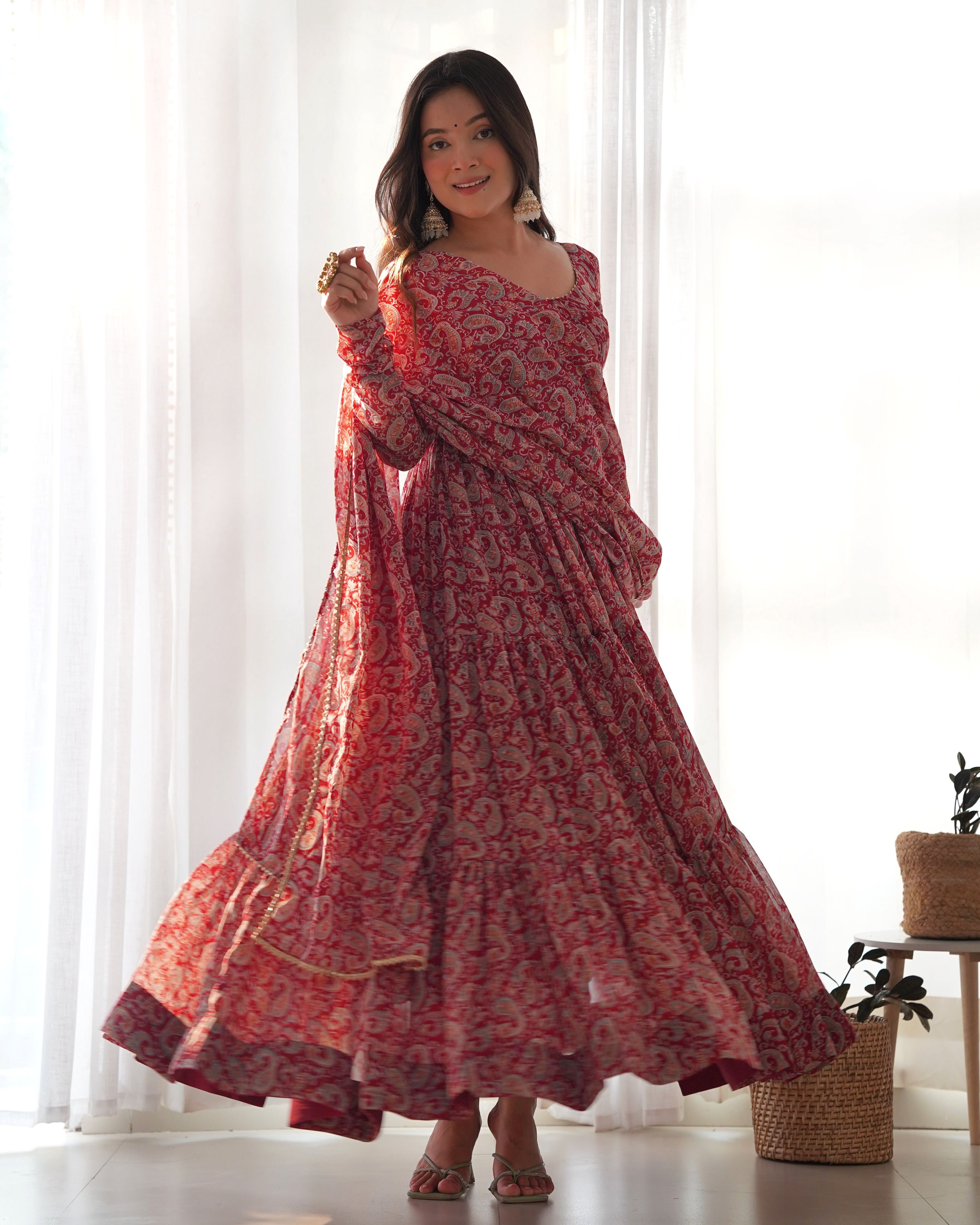 Teeya Creation Multicolor Abstract Print Faux Georgette Anarkali Gown With Pants And Dupatta