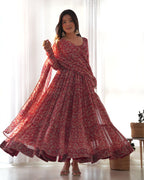 Teeya Creation Multicolor Abstract Print Faux Georgette Anarkali Gown With Pants And Dupatta